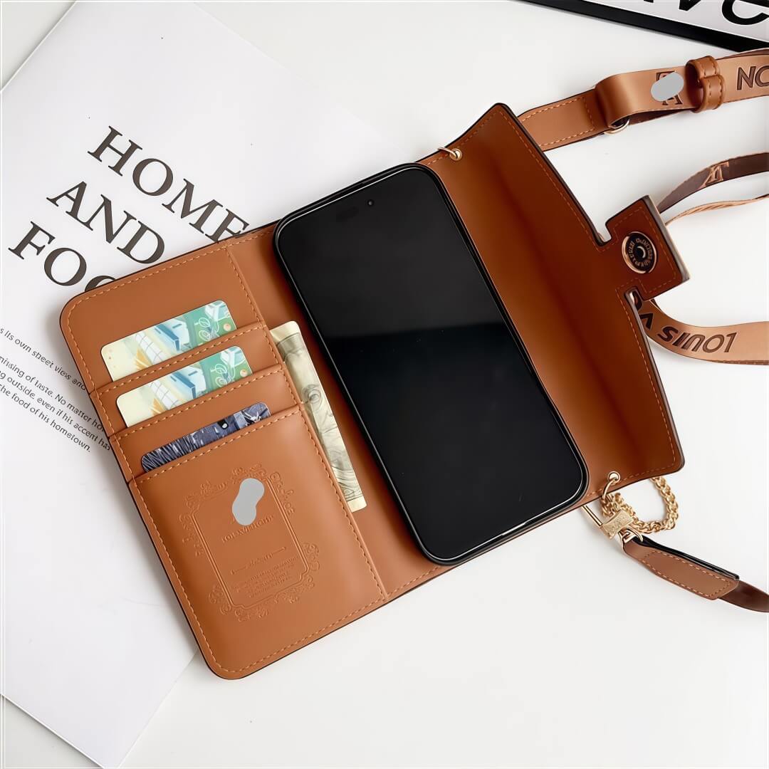 Custodia per iPhone ispirata alla borsa a tracolla in pelle con portacarte