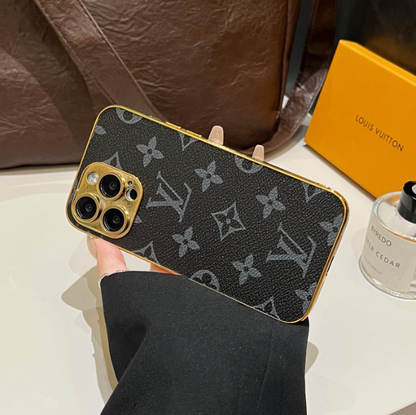 Luksus klassisk monogram iPhone-etui med galvaniserede guldkanter