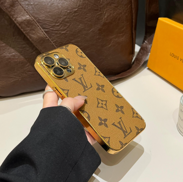 Luksus klassisk monogram iPhone-etui med galvaniserede guldkanter