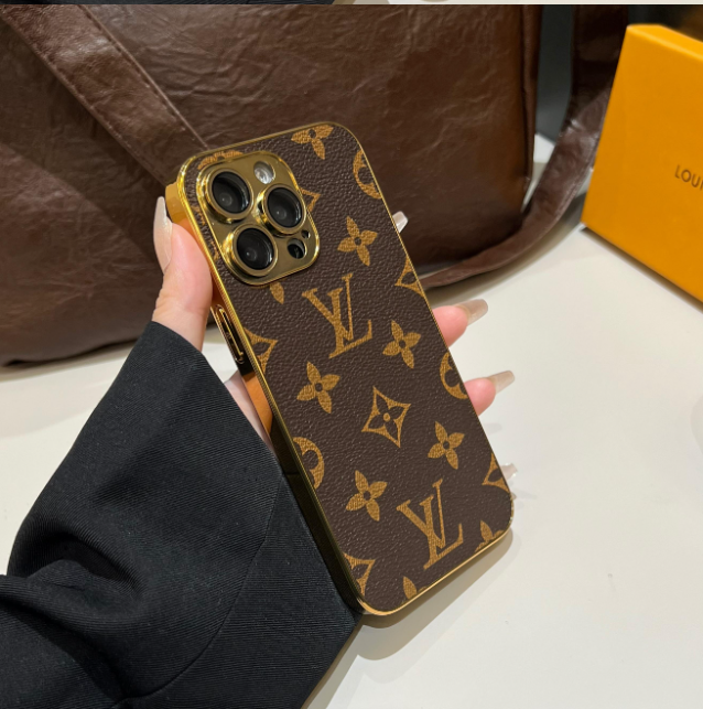 Luksus klassisk monogram iPhone-etui med galvaniserede guldkanter