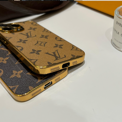 Luksus klassisk monogram iPhone-etui med galvaniserede guldkanter