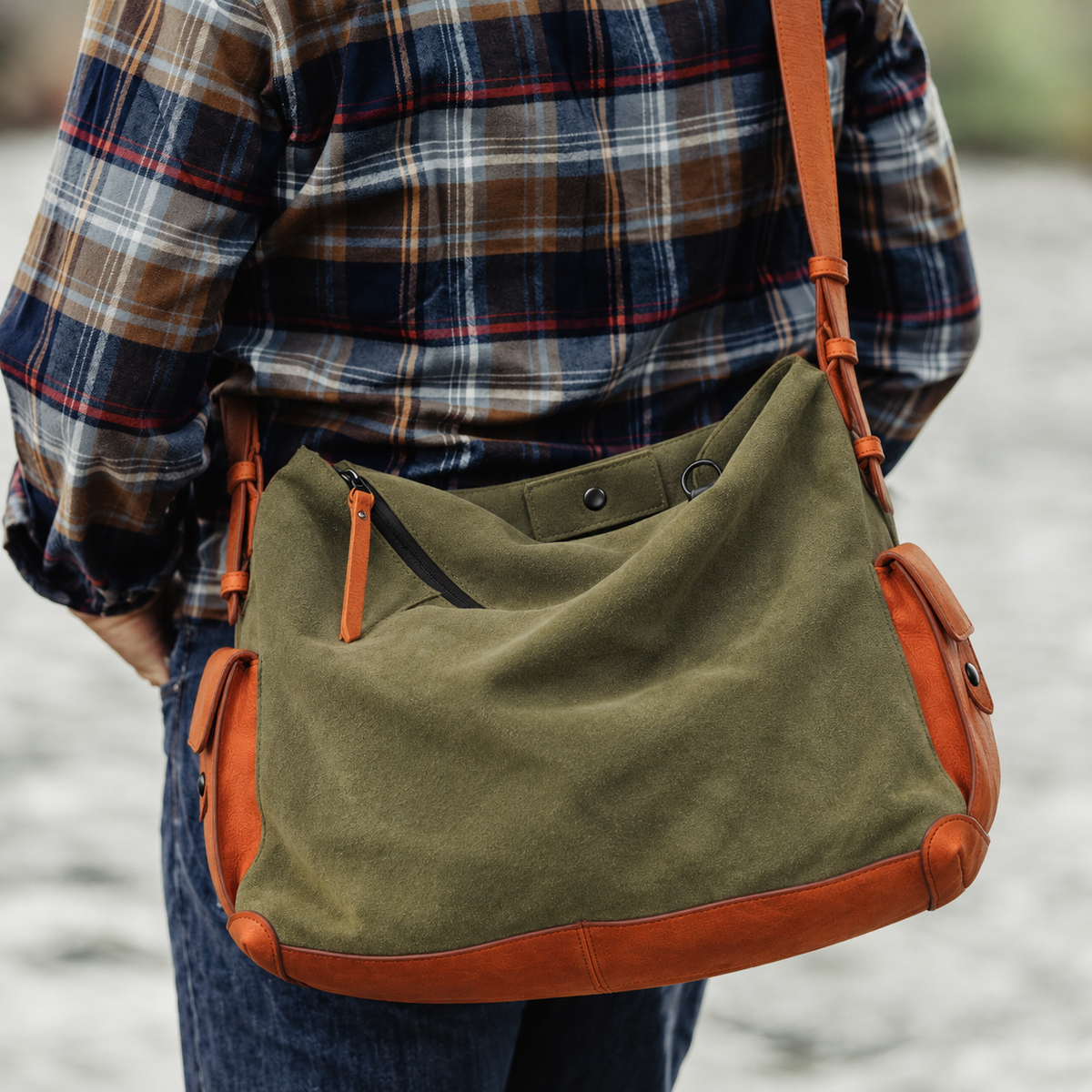 Olive Green Leather Pocket Crossbody Bag