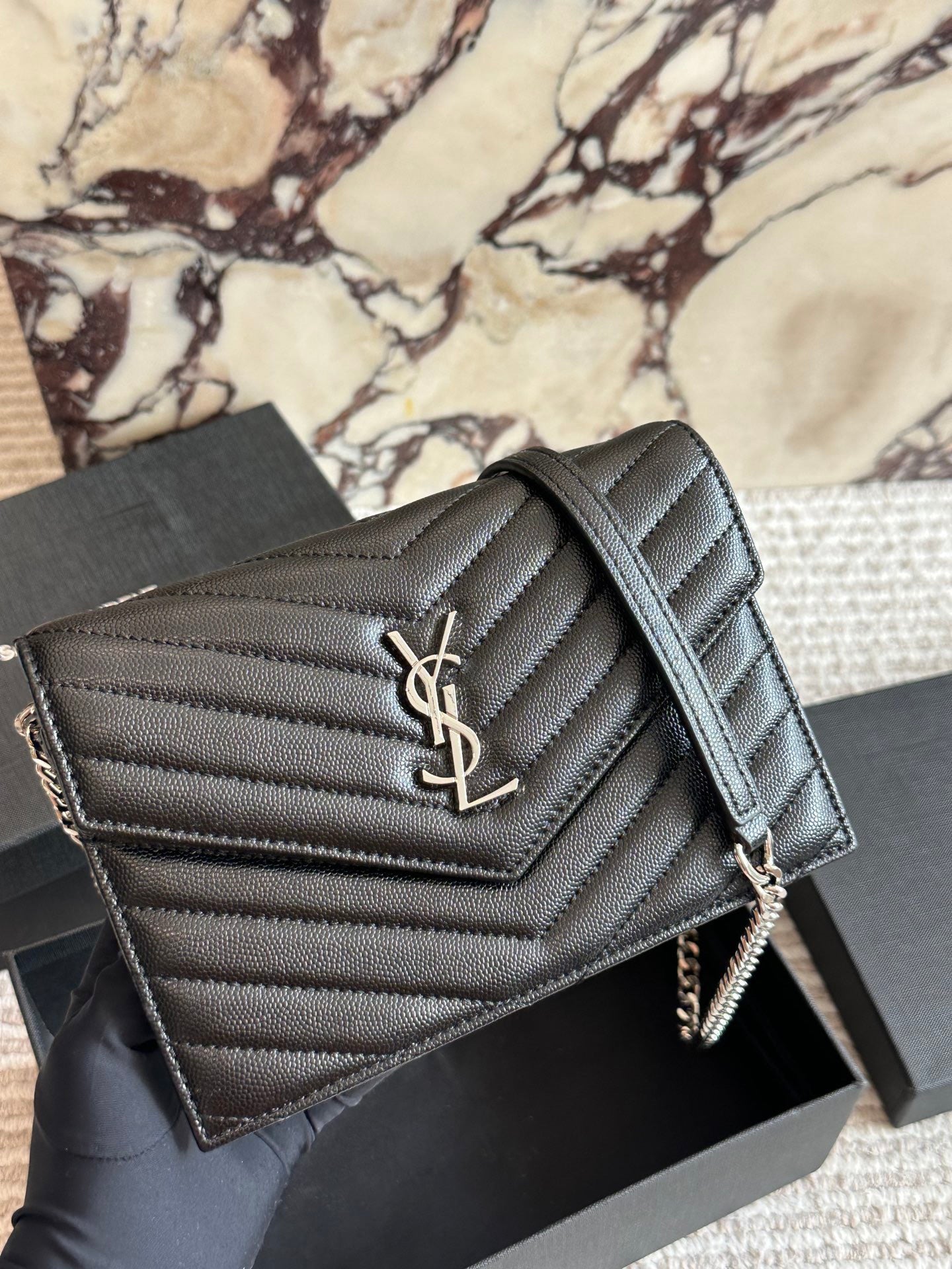 Matte Black Quilted Metal Logo Chain Bag 025