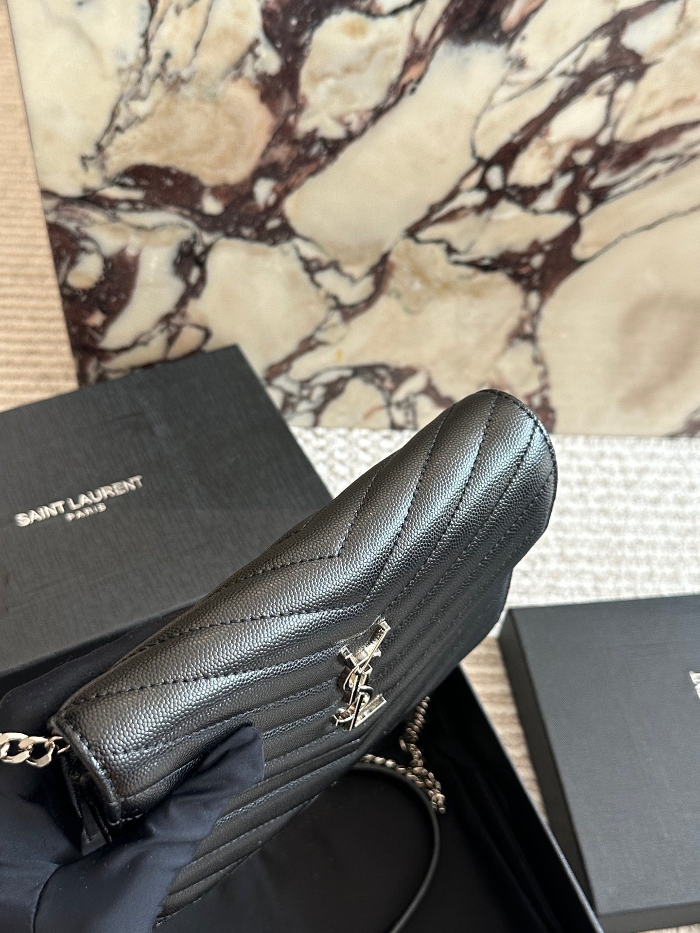 Matte Black Quilted Metal Logo Chain Bag 025