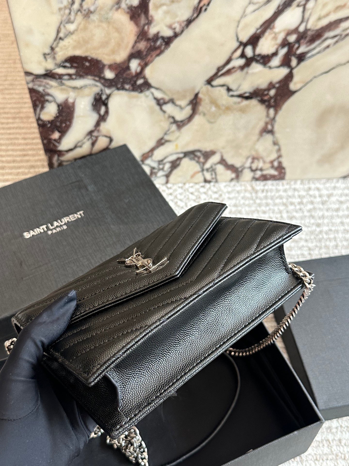 Matte Black Quilted Metal Logo Chain Bag 025