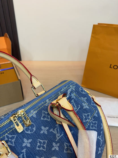 Denim Embossed Top-Handle & Crossbody Bag