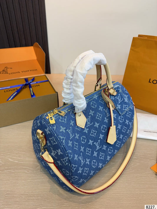 Denim Embossed Top-Handle & Crossbody Bag