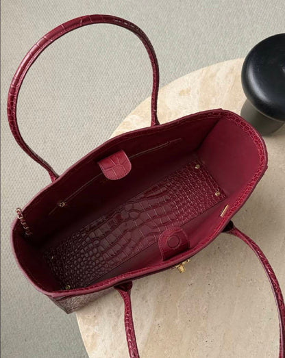 Luxury Full-Grain Leather Croc Embossed Large Capacity Work Tote