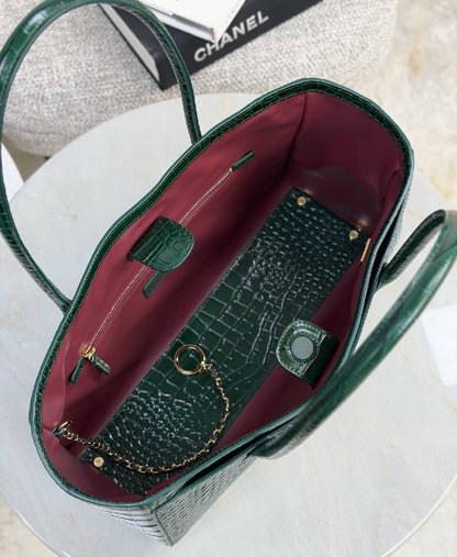 Luxury Full-Grain Leather Croc Embossed Large Capacity Work Tote