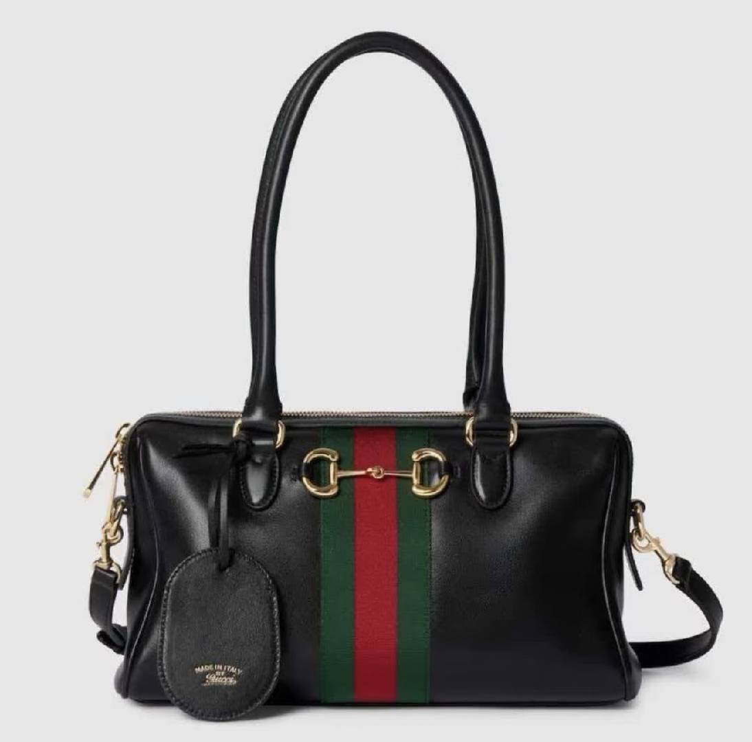 Leather Trim Jacquard Mini Boston Handbag with Metal Ornament