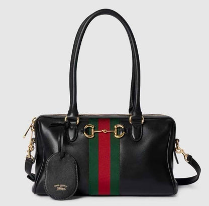 Leather Trim Jacquard Mini Boston Handbag with Metal Ornament