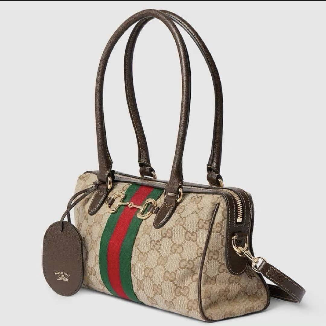 Leather Trim Jacquard Mini Boston Handbag with Metal Ornament