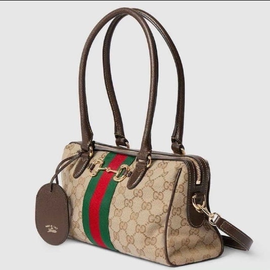 Leather Trim Jacquard Mini Boston Handbag with Metal Ornament