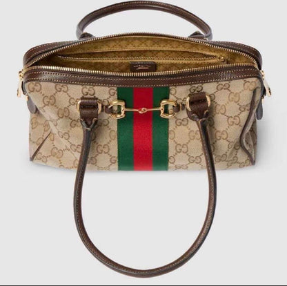 Leather Trim Jacquard Mini Boston Handbag with Metal Ornament