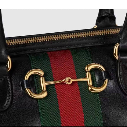 Leather Trim Jacquard Mini Boston Handbag with Metal Ornament