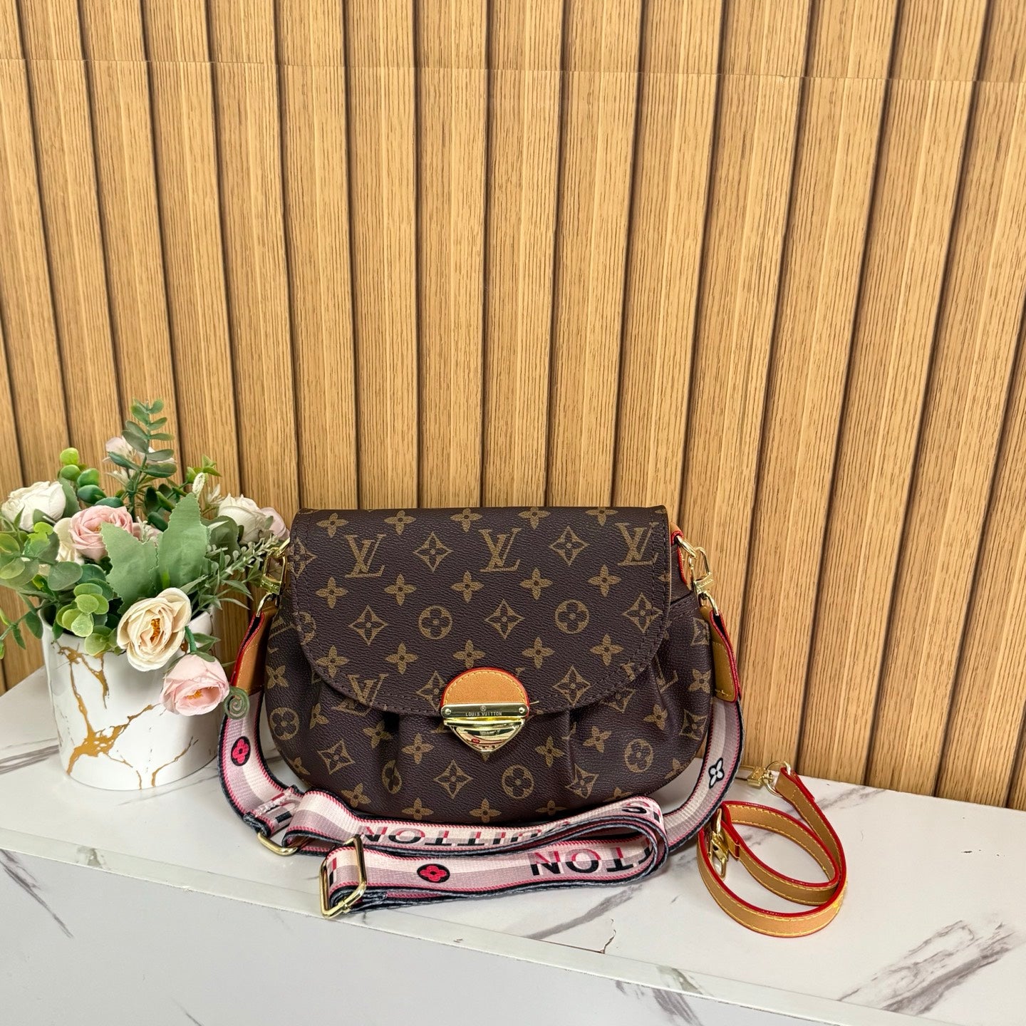 Vintage Print Gold-Lock Flap Saddle Bag