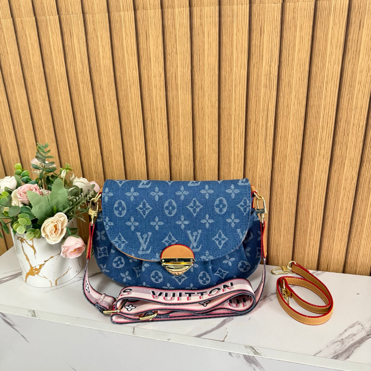 Vintage Print Gold-Lock Flap Saddle Bag