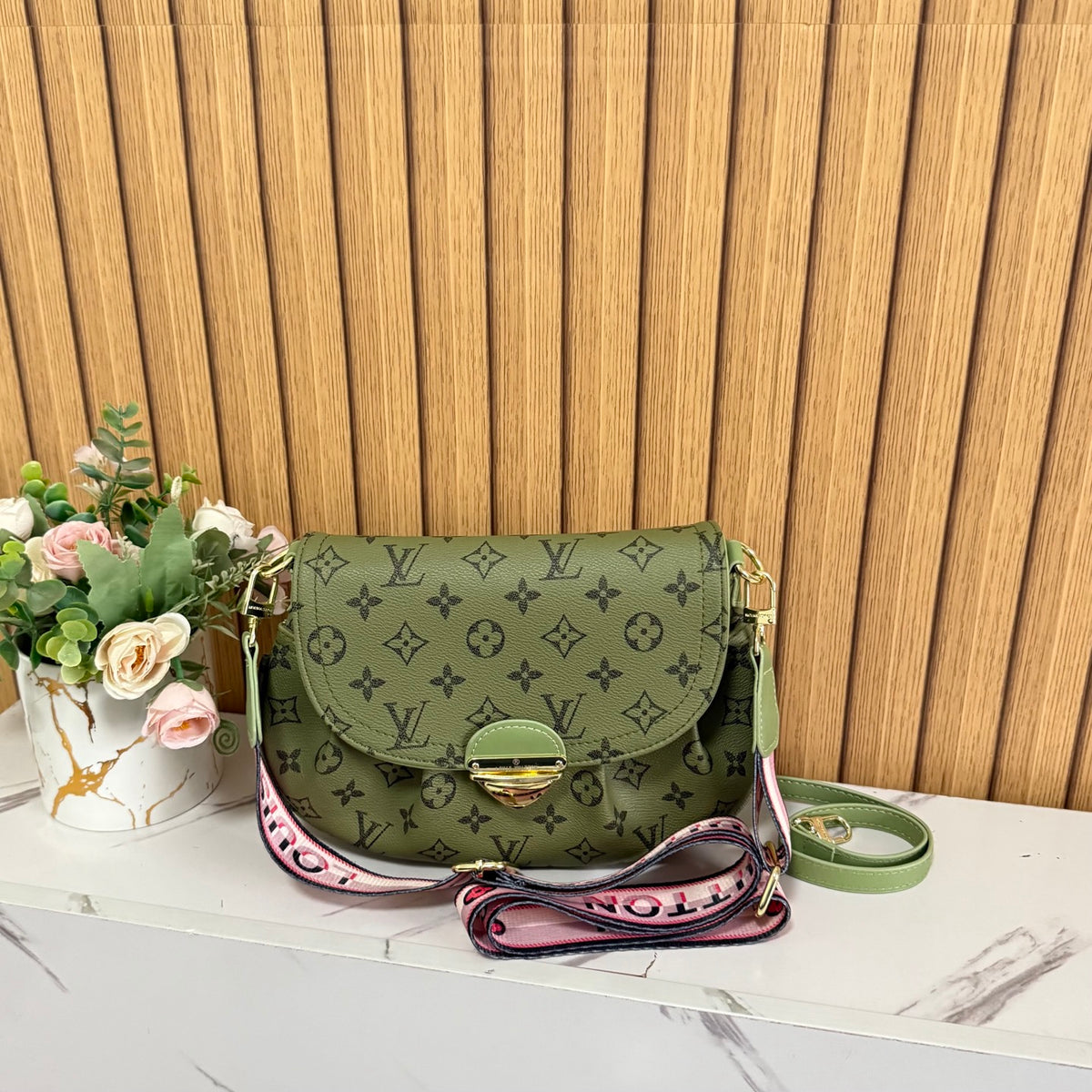 Vintage Print Gold-Lock Flap Saddle Bag