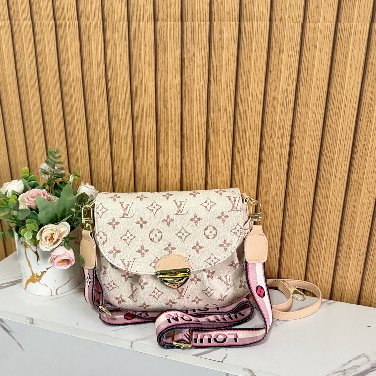 Vintage Print Gold-Lock Flap Saddle Bag