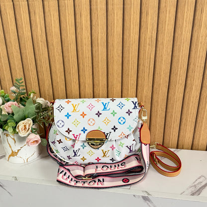Vintage Print Gold-Lock Flap Saddle Bag