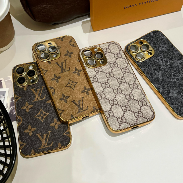 Luksus klassisk monogram iPhone-etui med galvaniserede guldkanter