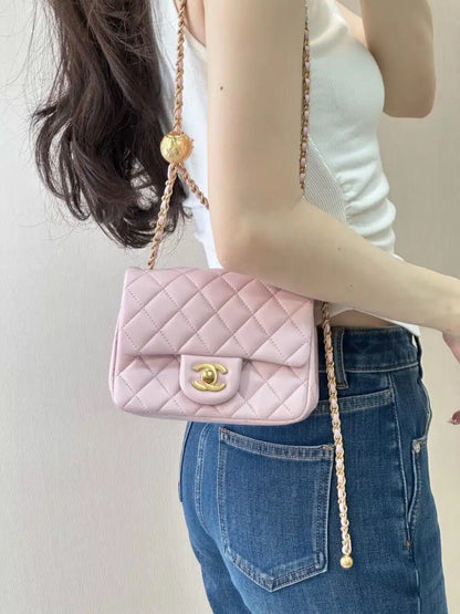 Black Quilted Gold‑Ball Square Fat Chain Bag