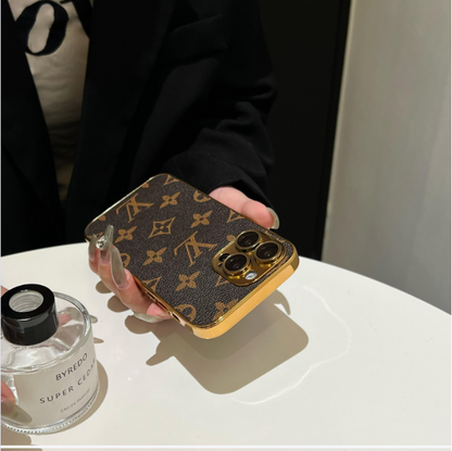 Luksus klassisk monogram iPhone-etui med galvaniserede guldkanter