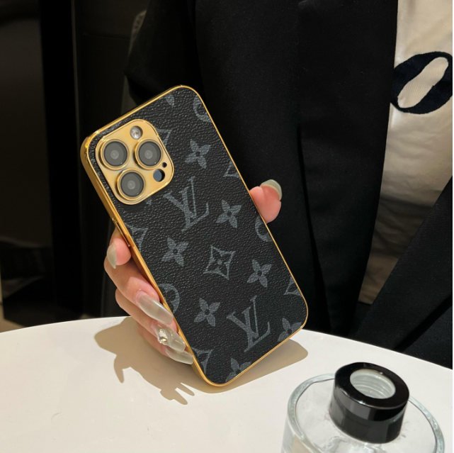 Luksus klassisk monogram iPhone-etui med galvaniserede guldkanter