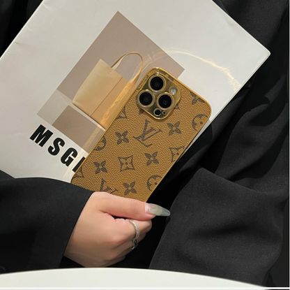Luksus klassisk monogram iPhone-etui med galvaniserede guldkanter