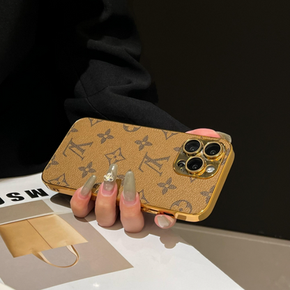 Luksus klassisk monogram iPhone-etui med galvaniserede guldkanter