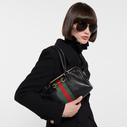 Leather Trim Jacquard Mini Boston Handbag with Metal Ornament