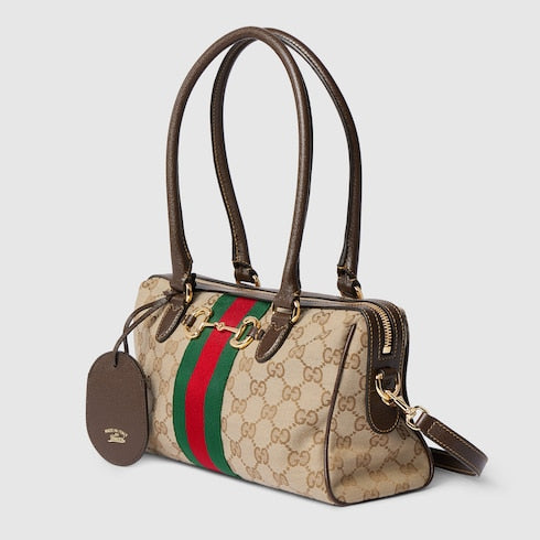 Leather Trim Jacquard Mini Boston Handbag with Metal Ornament