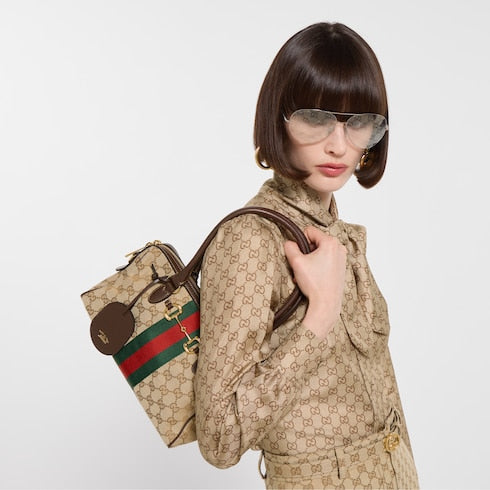 Leather Trim Jacquard Mini Boston Handbag with Metal Ornament