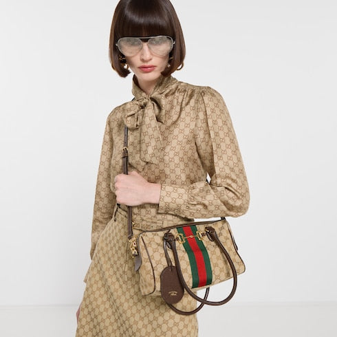 Leather Trim Jacquard Mini Boston Handbag with Metal Ornament