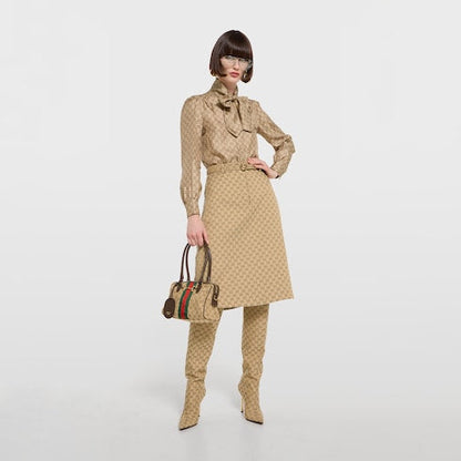Leather Trim Jacquard Mini Boston Handbag with Metal Ornament