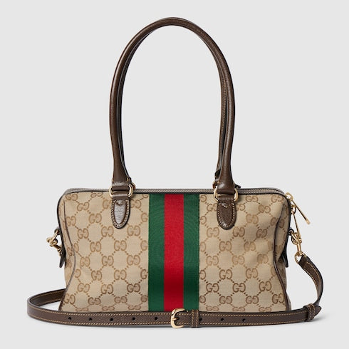 Leather Trim Jacquard Mini Boston Handbag with Metal Ornament