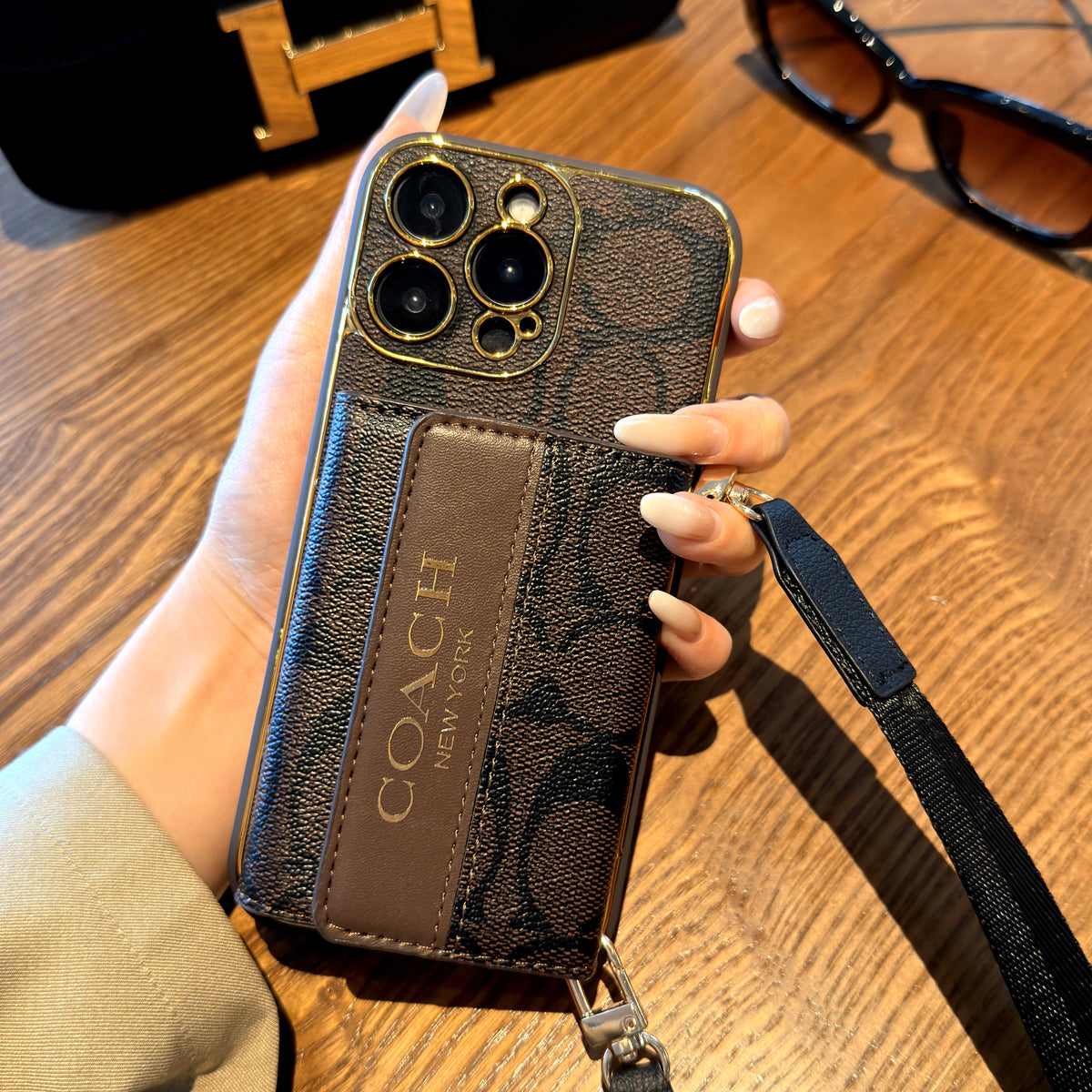 Luxury Advanced Leather iPhone Case with Card Holder & Strap-G