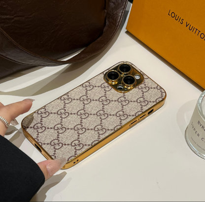 Luksus klassisk monogram iPhone-etui med galvaniserede guldkanter