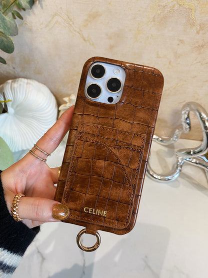 Θήκη για iPhone Celine Print Alligator με θήκη για κάρτα και λουράκι καφέ -EYP241415