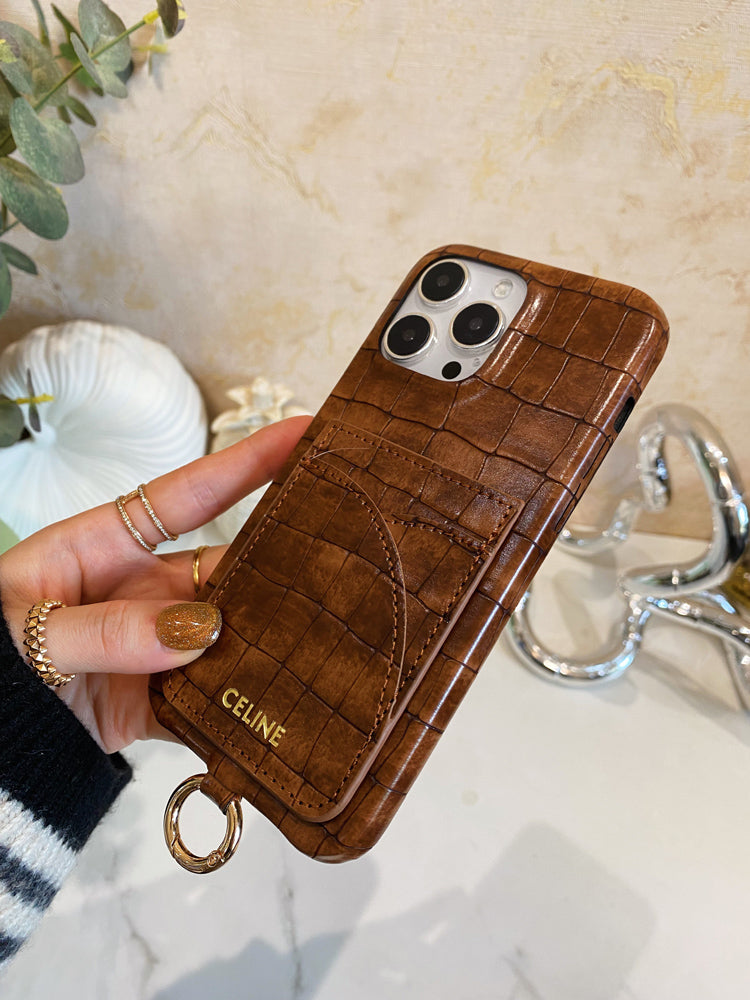 Θήκη για iPhone Celine Print Alligator με θήκη για κάρτα και λουράκι καφέ -EYP241415