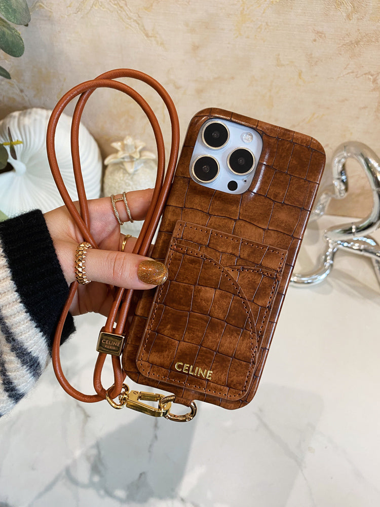 Θήκη για iPhone Celine Print Alligator με θήκη για κάρτα και λουράκι καφέ -EYP241415