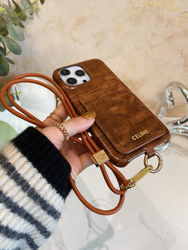 Θήκη για iPhone Celine Print Alligator με θήκη για κάρτα και λουράκι καφέ -EYP241415