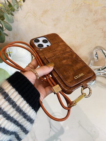 Θήκη για iPhone Celine Print Alligator με θήκη για κάρτα και λουράκι καφέ -EYP241415