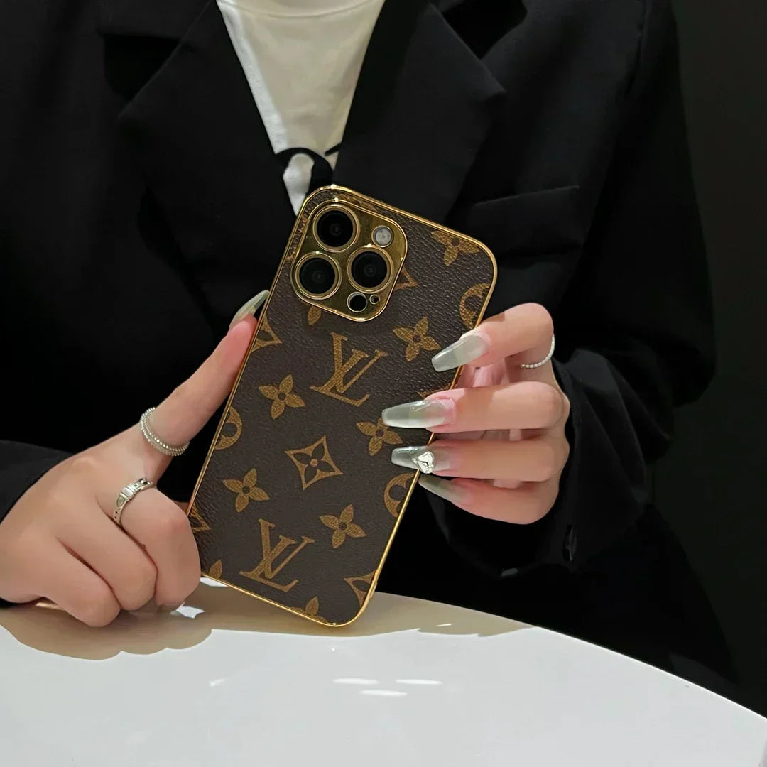 Luksus klassisk monogram iPhone-etui med galvaniserede guldkanter
