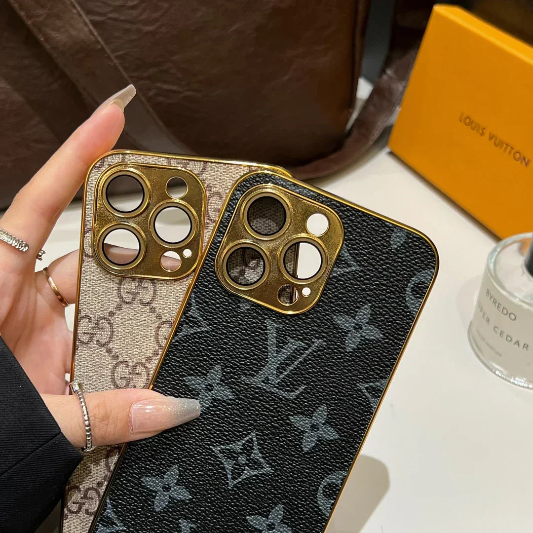Luksus klassisk monogram iPhone-etui med galvaniserede guldkanter