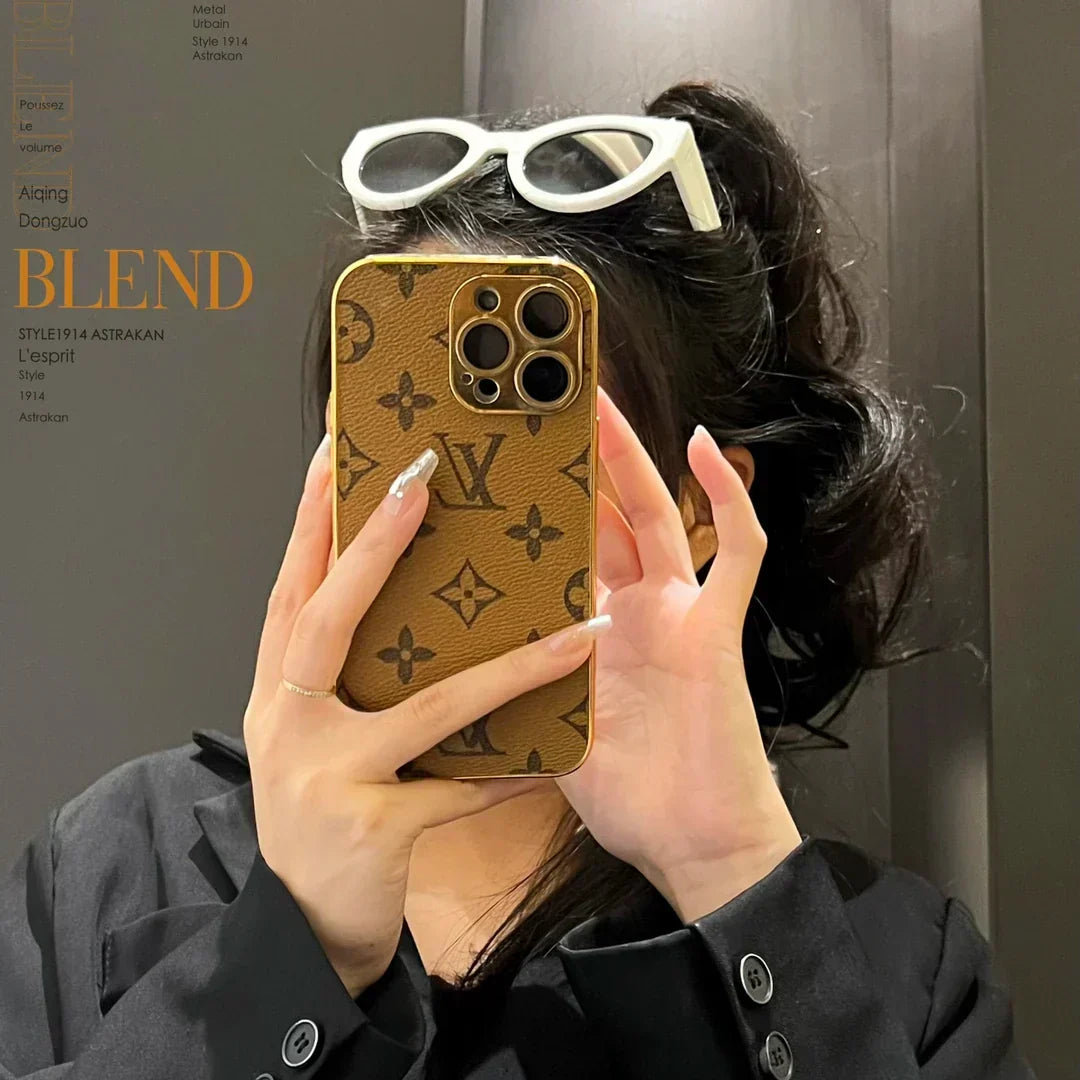 Luksus klassisk monogram iPhone-etui med galvaniserede guldkanter