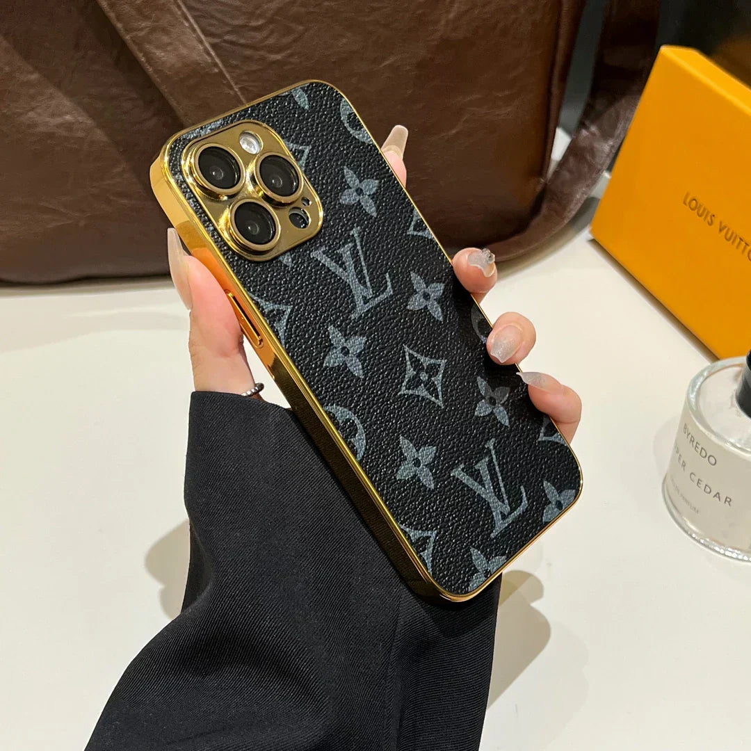Luksus klassisk monogram iPhone-etui med galvaniserede guldkanter