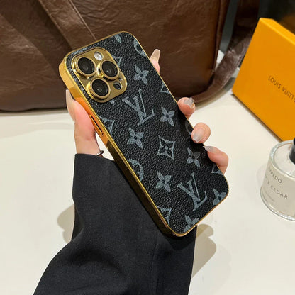 Luksus klassisk monogram iPhone-etui med galvaniserede guldkanter
