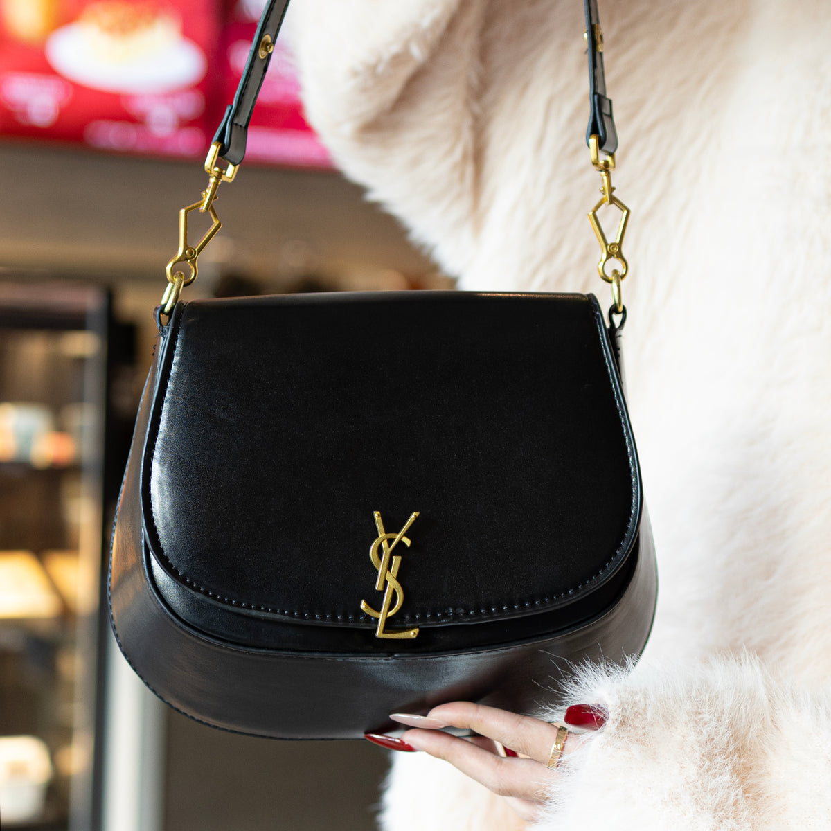 Glossy Black Gold Buckle Flap Saddle Bag