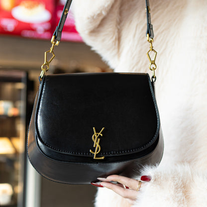 Glossy Black Gold Buckle Flap Saddle Bag